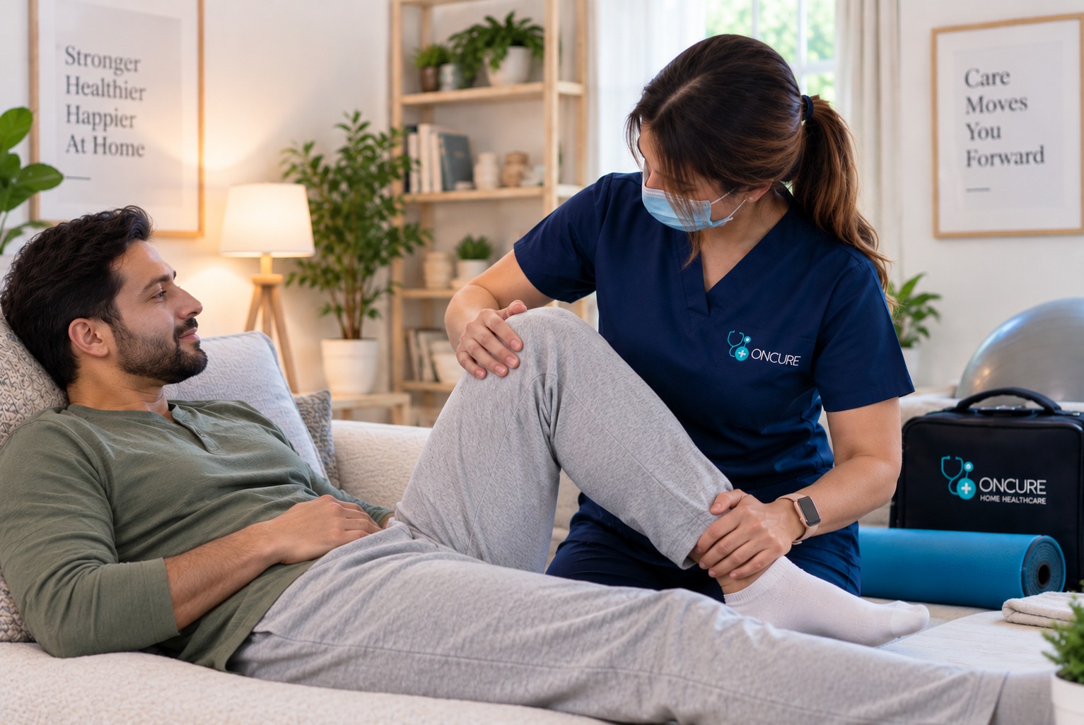 Licensed OnCure physical therapist conducting physiotherapy at home in Dubai