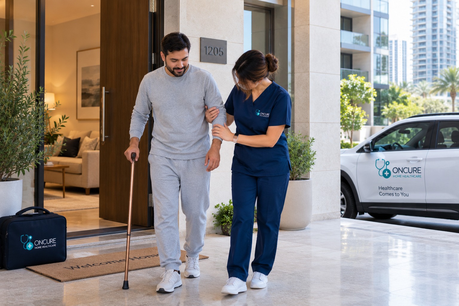 OnCure physical therapist assisting a mobility patient at home doorstep in Dubai